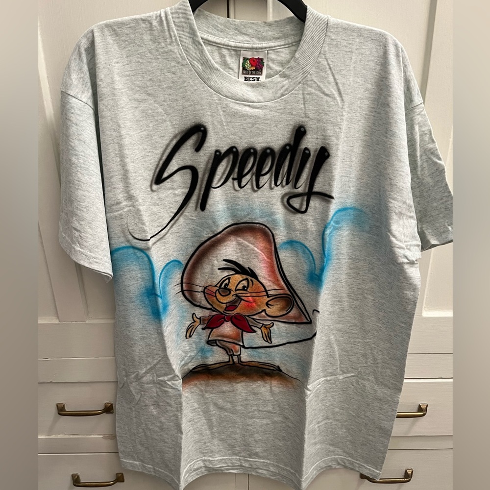 Fruit of the Loom Gray "Speedy" Graphic Tee with Multicolor Artwork